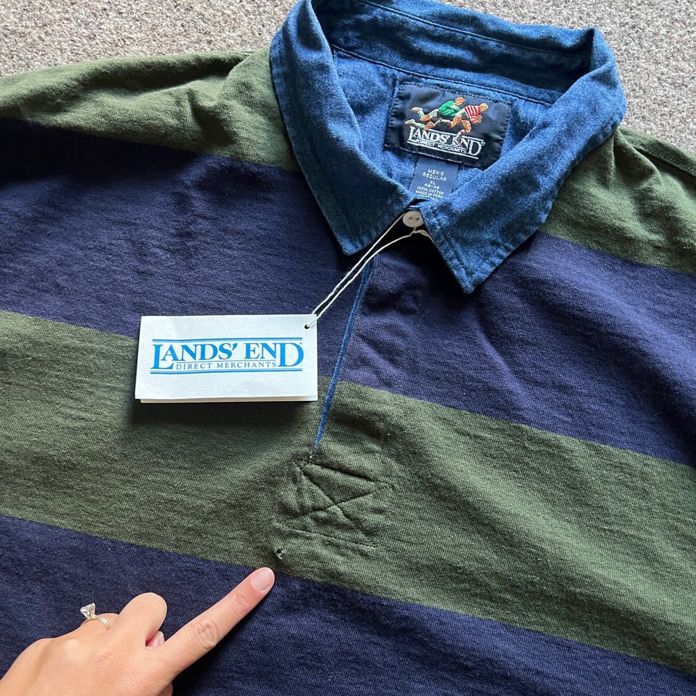 Vintage ‘92 Lands End Rugby Long Sleeve Polo Denim Collar Green Blue Stripe XL - Picture 8 of 16